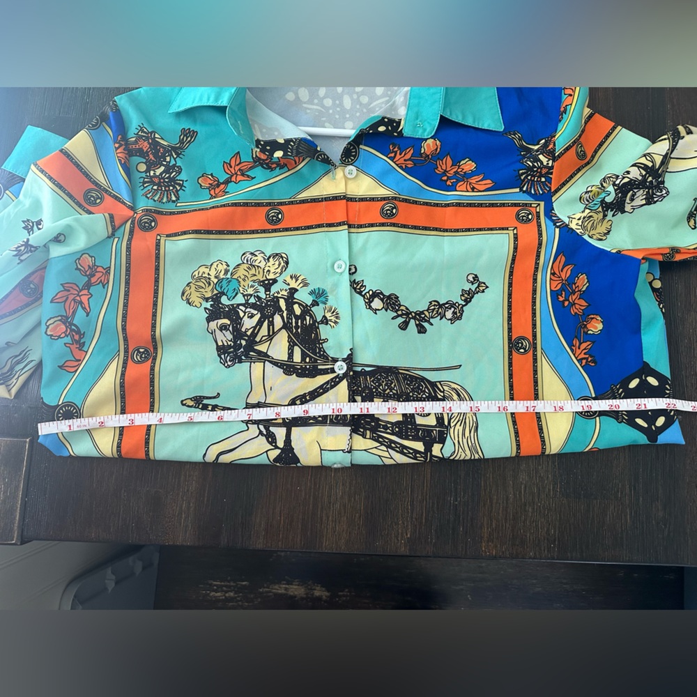 Amberger designer Vibrant Horse Print Blouse in Green and Blue - Picture 7 of 8